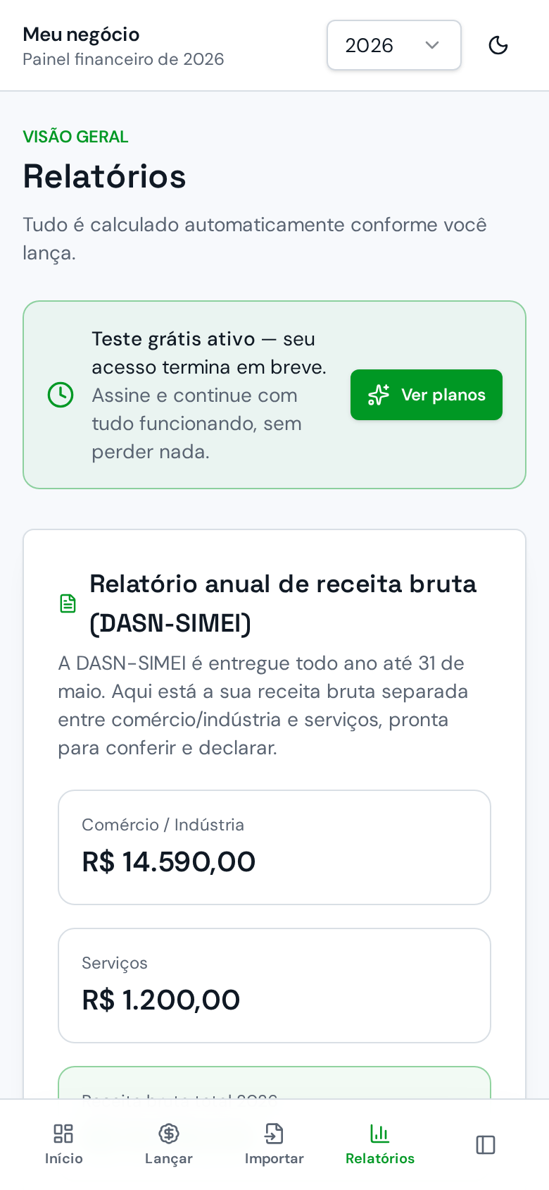 Tela de relatórios do Caixa MEI